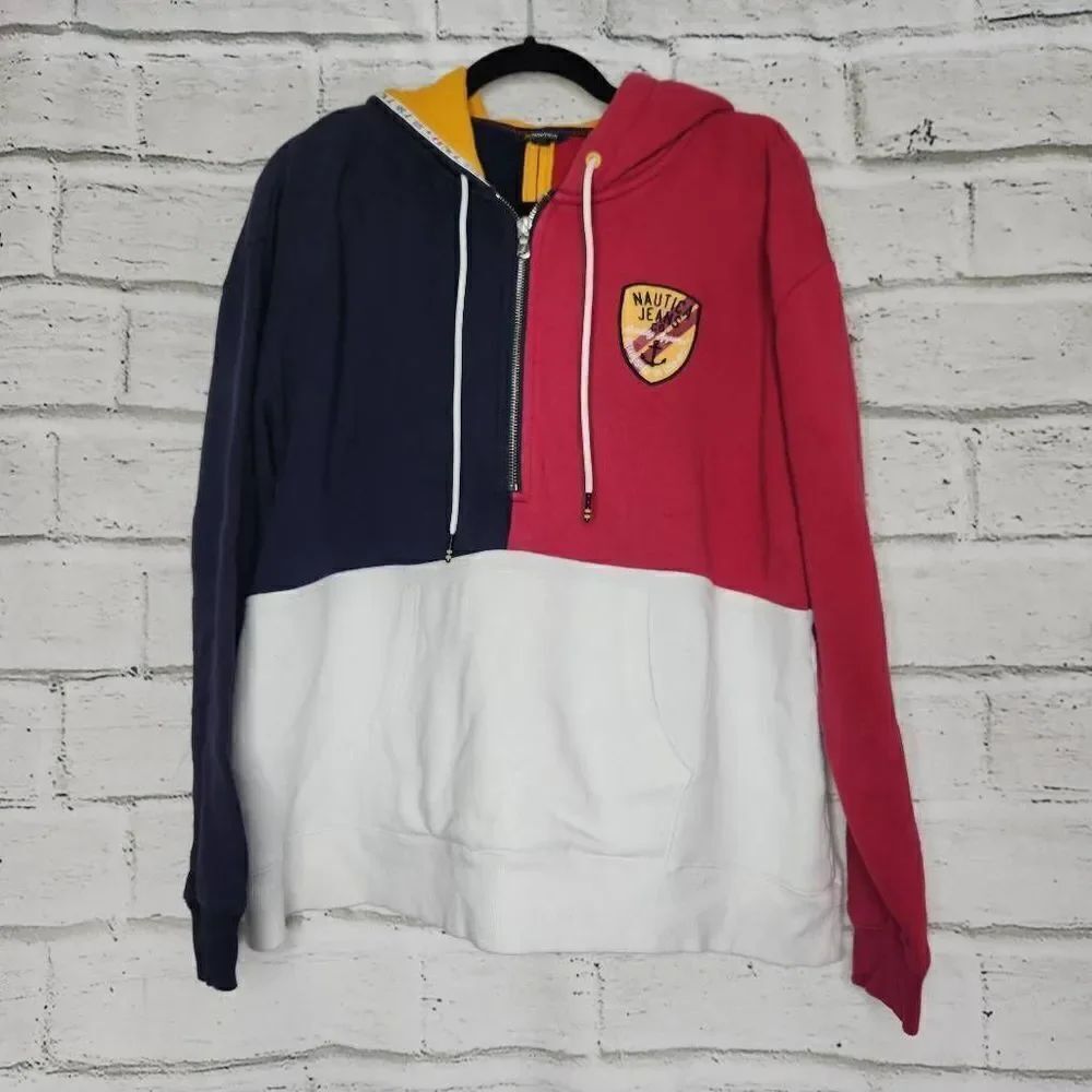 Nautica Jeans Men's Multicolor Half-Zip Colorblock Hoodie Sweatshirt Extra Large